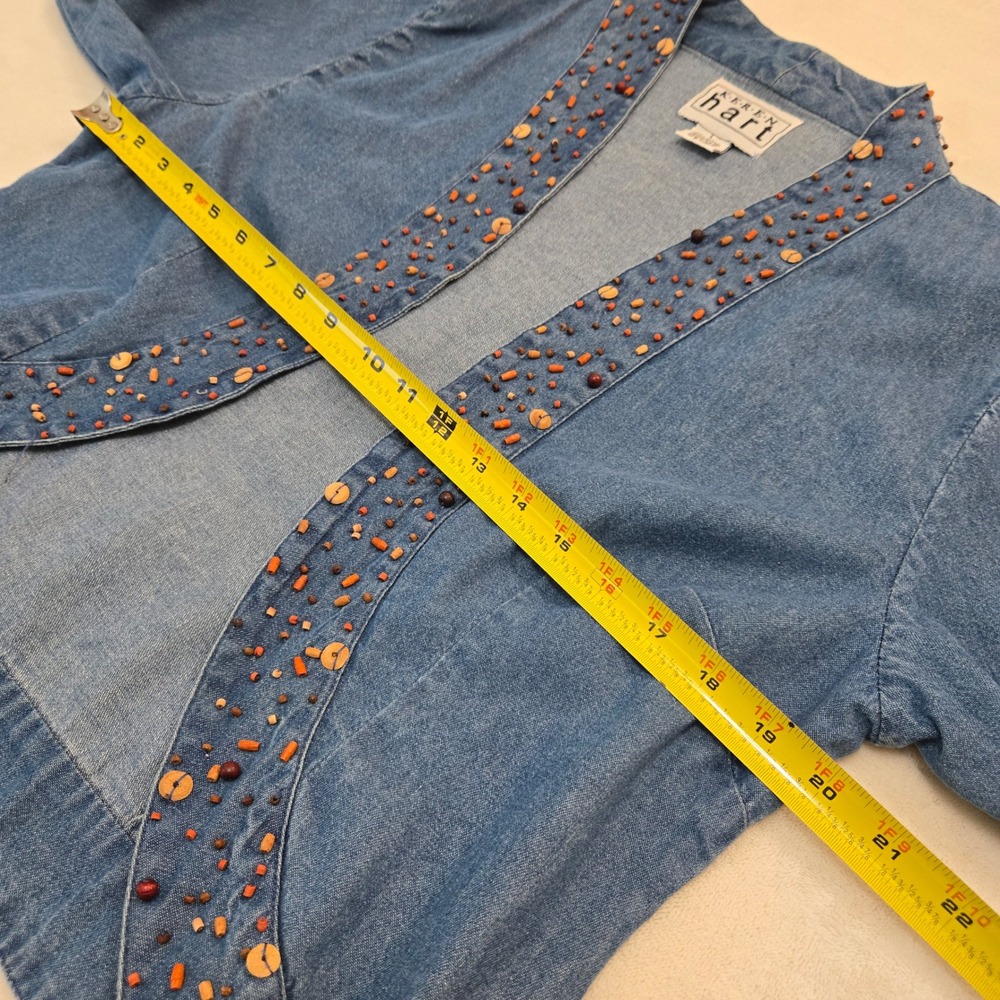 Keren Hart Blue Denim Beaded Skirt Set Jacket L Skirt M Boho Western Tiered Maxi - Picture 6 of 16